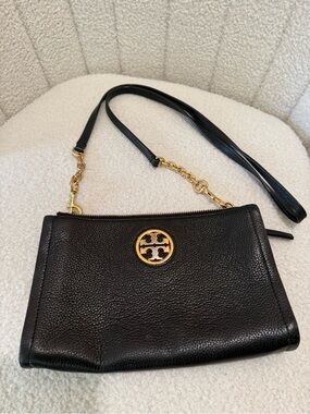 Tory Burch Black Leather Crossbody with Gold Logo Chain